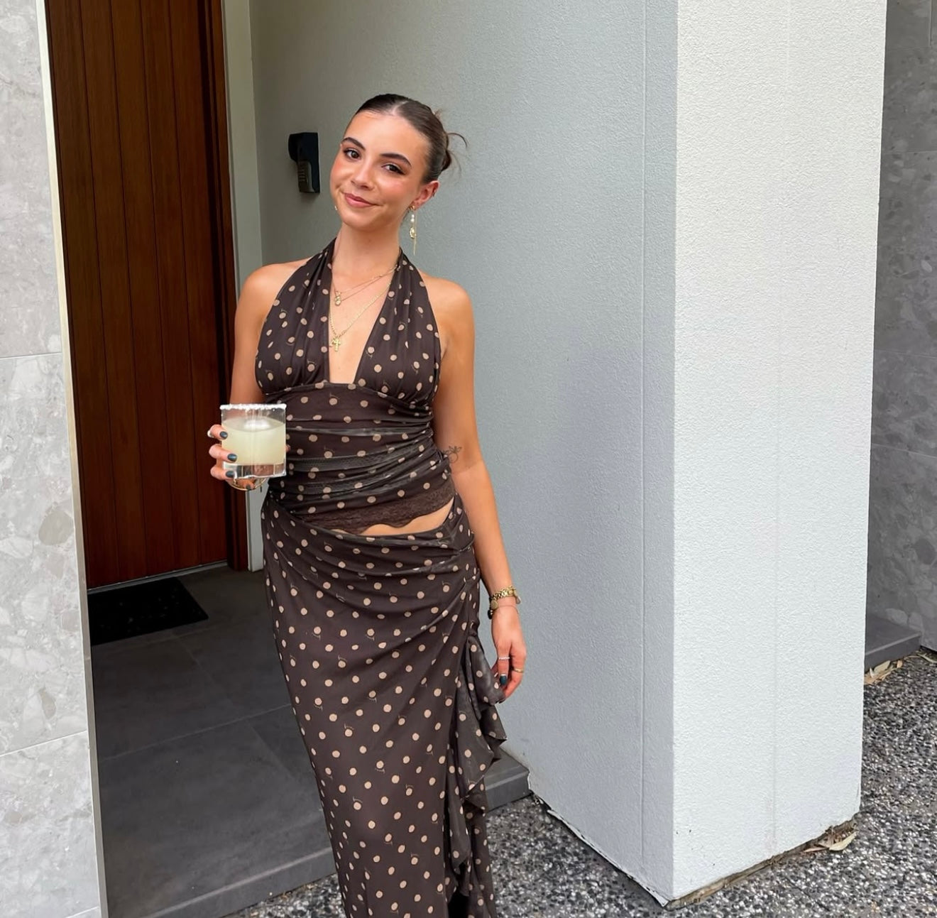 Benni Penelope Halter Maxi Dress in Espresso